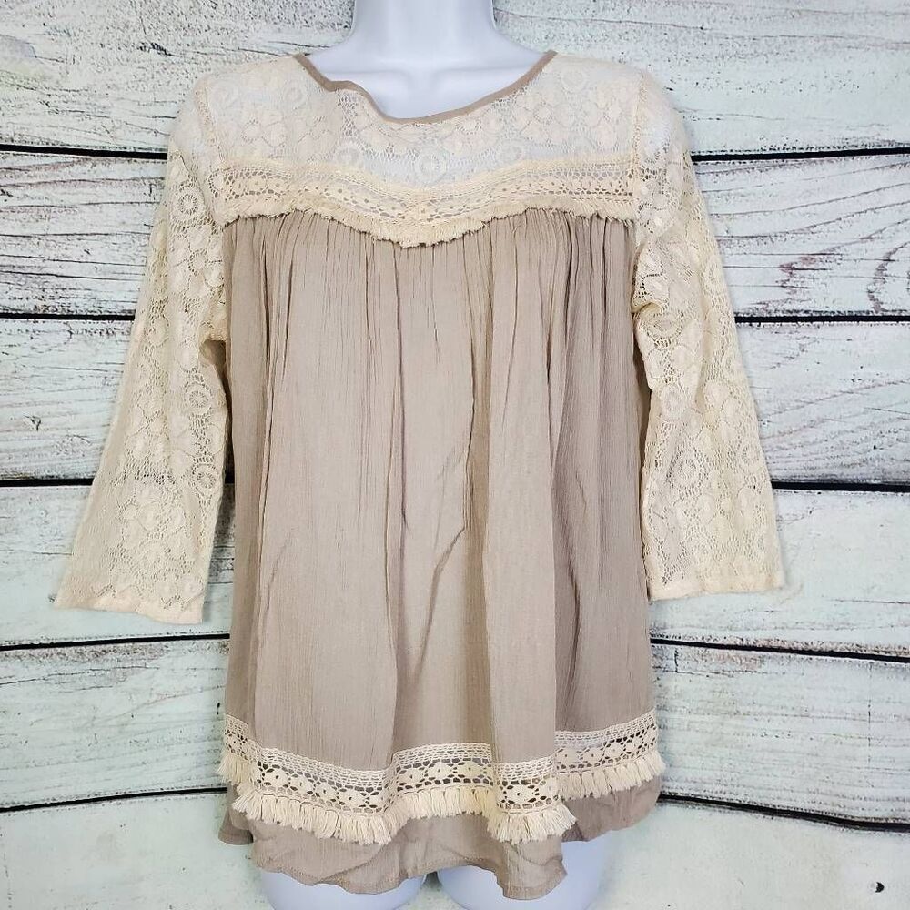 Umgee USA Beige & Cream Lace Boho 3/4 Sleeve Tunic Top – Size S